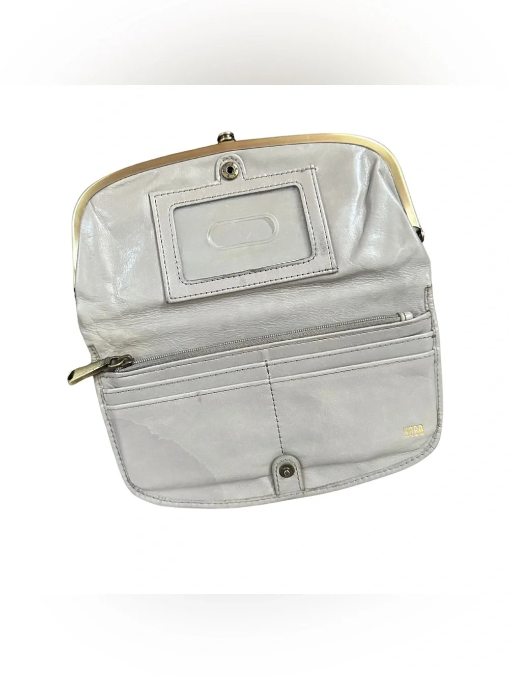 HOBO Leather Kiss Lock Wallet Gray Floral Lining Woven Detail